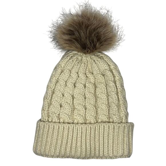Beige Knit Brown Pom Pom Folded Beanie Unisex Adult One Size - Picture 1 of 4